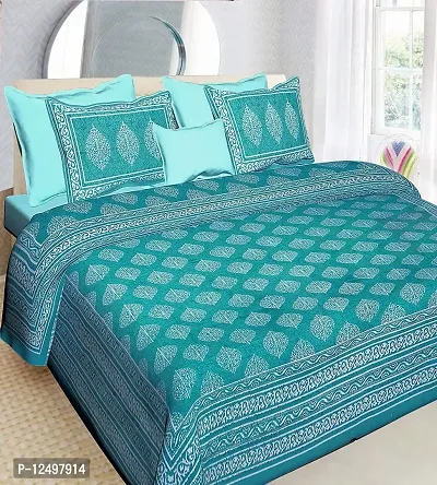 Khadgatta Handicrafts 300 TC Queen Size Double Bed Sheet with Pillow Covers Pure Cotton Rajasthani Traditional Printed Bedcover Bedsheet with 2 Pillow Covers (Sea Green)