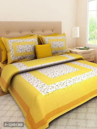 AOUDICHYA 300 TC Queen Size Double Bedsheet with Pillow Covers Pure Cotton Rajasthani Jaipuri Traditional Printed Bedcover Bedsheet with 2 Pillow Covers (Yellow, Queen (90 inches X 84 inches))-thumb2