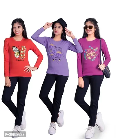 Stylish Multicoloured Cotton Printed Tshirt For Girls Pack Of 3-thumb0