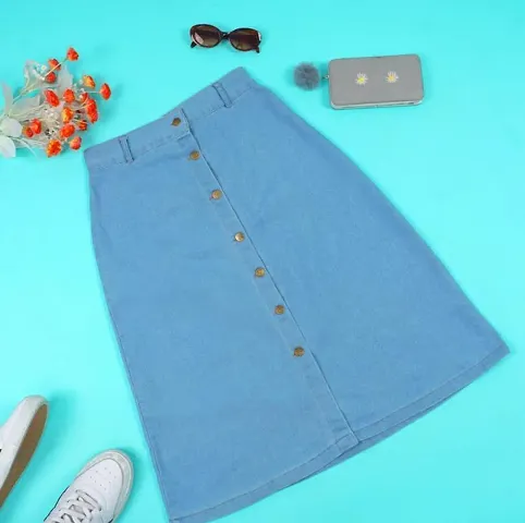 Stylish Blue Denim Solid Skirts For Women