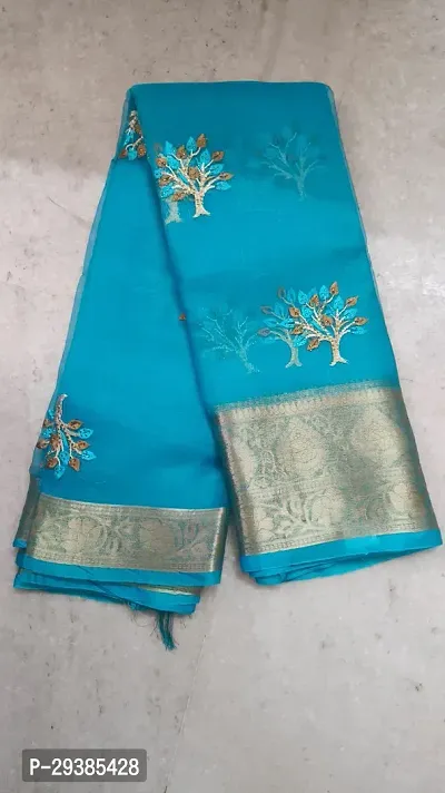 Stylish Cotton Blue Printed Saree With Blouse Piece