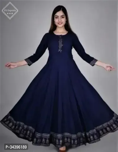 Trendy Navy Blue Embroidered Rayon Gown For Women-thumb0