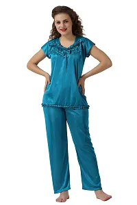 Cotovia Women's Satin Solid Pyjama Set Pack of 1 (Free Size, Light Blue)-thumb2