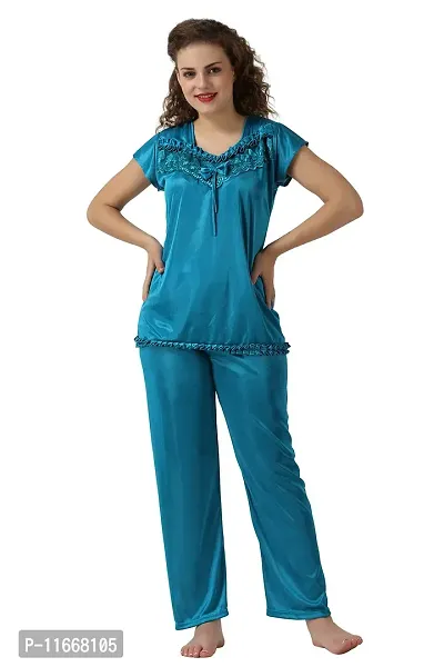 Cotovia Women's Satin Solid Pyjama Set Pack of 1 (Free Size, Light Blue)-thumb3