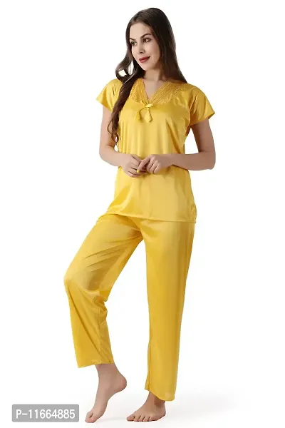 Cotovia Women's Plain Satin Night Suit (Top and Pyjama) (Medium, Yellow)-thumb0