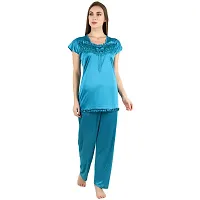 Cotovia Stylish Satin Solid Top and Pajama Set for Women and Girls (Medium, Light Blue)-thumb2