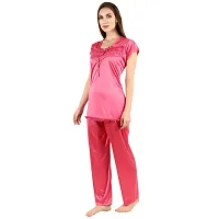 Cotovia Stylish Satin Solid Top and Pajama Set for Women and Girls (Medium, Pink)-thumb2