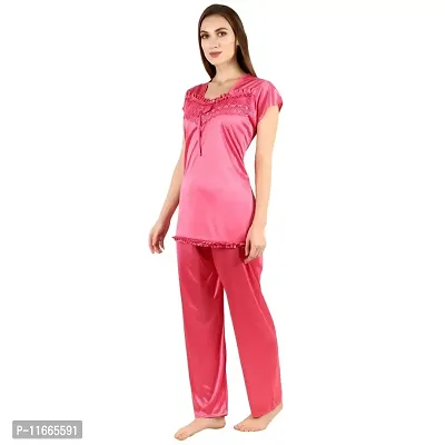 Cotovia Stylish Satin Solid Top and Pajama Set for Women and Girls (Medium, Pink)-thumb3