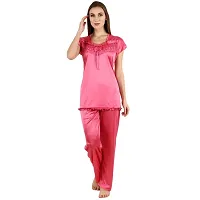 Cotovia Stylish Satin Solid Top and Pajama Set for Women and Girls (Free Size, Pink)-thumb4