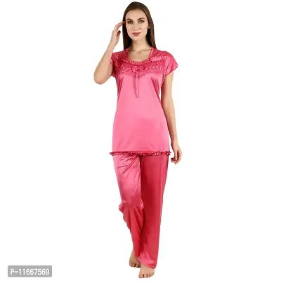 Cotovia Stylish Satin Solid Top and Pajama Set for Women and Girls (Free Size, Pink)-thumb5