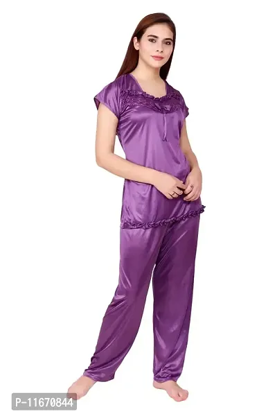 Cotovia Women's Satin Plain/Solid Top and Pyjama Set Pack of 1 (Large, Purple)-thumb0