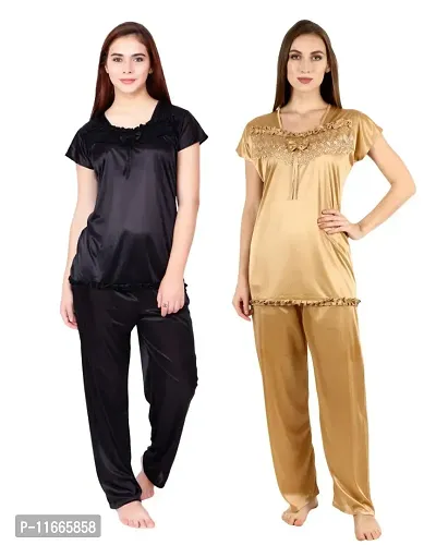 Cotovia Women's Satin Night Suit Combo Set (Free Size, Black and Golden)-thumb3