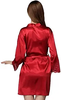 Cotovia Women Satin Kimono Robe V-Neck Nightwear for Women with Lace Design for Female (Free Size, Red)-thumb1