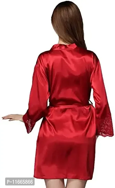 Cotovia Women Satin Kimono Robe V-Neck Nightwear for Women with Lace Design for Female (Free Size, Red)-thumb2