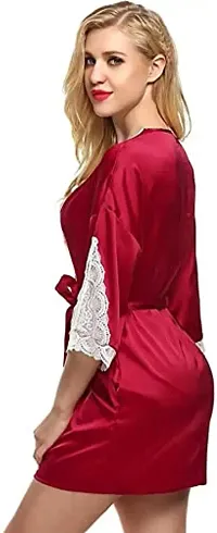 Cotovia Women Satin Kimono Robe V-Neck Nightwear for Women with Lace Design for Female (Free Size, Maroon)-thumb4