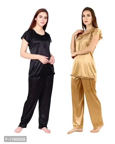 Cotovia Women's Satin Night Suit Combo Set (Free Size, Black and Golden)