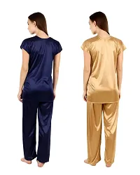 Cotovia Women's Satin Plain/Solid Night Suit Set Pack of 2 Combo Set (Medium, Blue and Golden)-thumb1