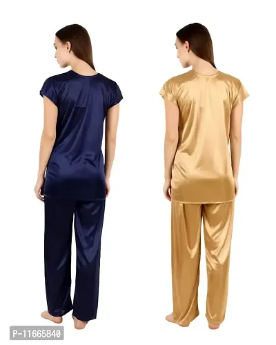 Cotovia Women's Satin Plain/Solid Night Suit Set Pack of 2 Combo Set (Medium, Blue and Golden)-thumb2