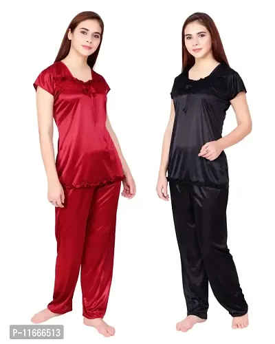 Cotovia Women's Satin Plain/Solid Night Suit Set Pack of 2 Combo Set (Free Size, Black and Maroon)