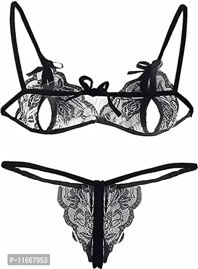 Cotovia Bra & Panty Set Self Design Lingerie Set (Free Size, Black)-thumb2