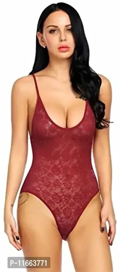 Cotovia Net Printed Above Knee Babydoll Lingerie Night Dress for Women (Free Size, Maroon)-thumb0