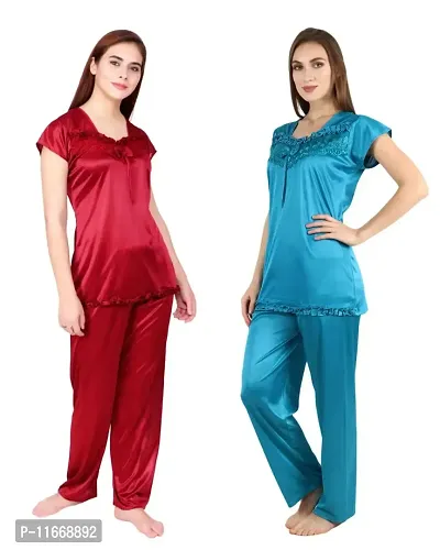 Cotovia Women's Satin Night Suit Combo Set (Free Size, Maroon and Light Blue)