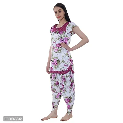 Cotovia Top and Dhoti Style Night Suit, Floral Print Nightdress, Night Gown for Women and Girls. (Small, Maroon)-thumb2