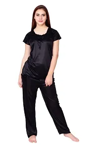 Cotovia Women's Satin Plain/Solid Top and Pyjama Set Pack of 1 (Free Size, Black)-thumb1