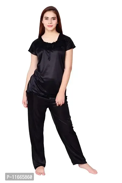 Cotovia Women's Satin Plain/Solid Top and Pyjama Set Pack of 1 (Free Size, Black)-thumb2