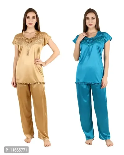 Cotovia Women's Satin Night Suit Combo Set (Medium, Golden and Light Blue)