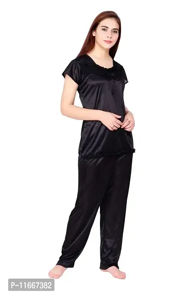 Cotovia Women's Satin Plain/Solid Top and Pyjama Set Pack of 1 (Large, Black)