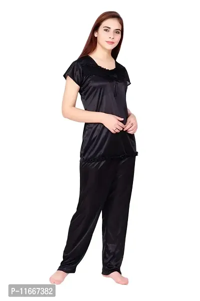 Cotovia Women's Satin Plain/Solid Top and Pyjama Set Pack of 1 (Large, Black)-thumb0