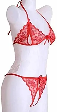 Cotovia Bra & Panty Set Self Design Lingerie Set (Free Size, Red)-thumb2