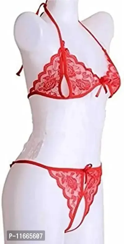 Cotovia Bra & Panty Set Self Design Lingerie Set (Free Size, Red)-thumb3