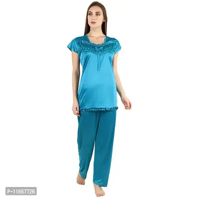 Cotovia Stylish Satin Solid Top and Pajama Set for Women and Girls (Free Size, Light Blue)-thumb3