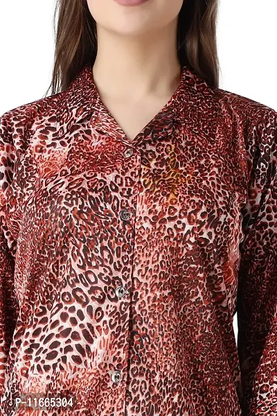 Cotovia Pants Women's Silk Satin Animal Print Night Suit. (M, Red Multicolor)-thumb5