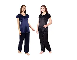 Cotovia Women's Satin Solid Pajama Set Pack Of 2 (C-PS-COMBO_Black & Dark Blue_Free Size)-thumb1