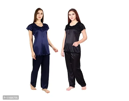 Cotovia Women's Satin Solid Pajama Set Pack Of 2 (C-PS-COMBO_Black & Dark Blue_Free Size)-thumb2