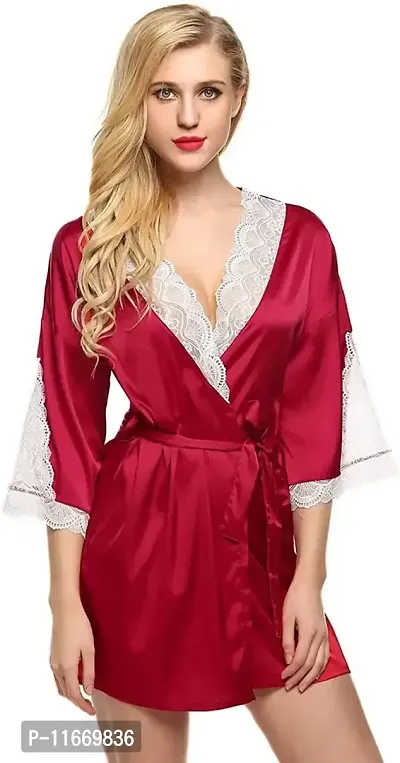 Cotovia Women Satin Kimono Robe V-Neck Nightwear for Women with Lace Design for Female (Free Size, Maroon)-thumb4