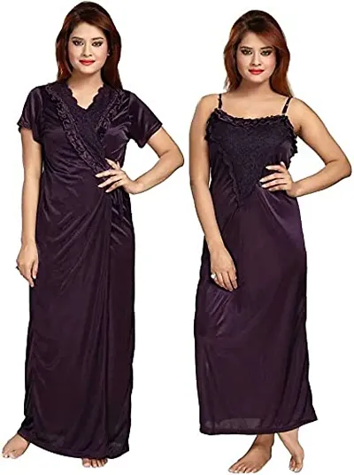 Cotovia Women's Satin Plain/Solid Nightwear Set Pack of 2 (Free Size)