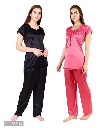 Cotovia Women's Satin Night Suit Combo Set (Free Size, Black and Pink)
