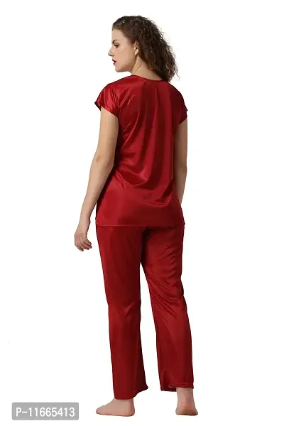 Cotovia Women's Satin Solid Pyjama Set Pack of 1 (Free Size, Maroon)-thumb2