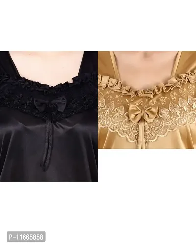 Cotovia Women's Satin Night Suit Combo Set (Free Size, Black and Golden)-thumb4
