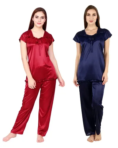 Cotovia Womens Satin Night Suit Combo Set Of 2