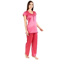 Cotovia Stylish Satin Solid Top and Pajama Set for Women and Girls (Large, Pink)-thumb3