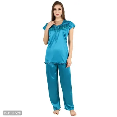 Cotovia Stylish Satin Solid Top and Pajama Set for Women and Girls (Free Size, Light Blue)-thumb4