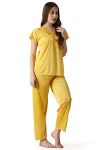 Cotovia Women's Plain Satin Night Suit (Top and Pyjama) (Medium, Yellow)-thumb3