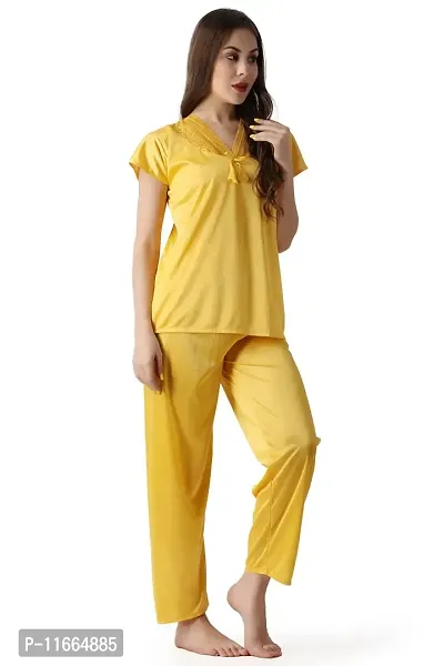 Cotovia Women's Plain Satin Night Suit (Top and Pyjama) (Medium, Yellow)-thumb4