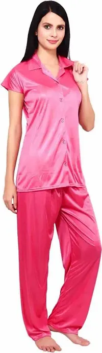 Cotovia Women's Plain Satin Night Suit (Shirt and Pyjama) (Color Options) (Free Size) (Free Size, Pink)-thumb4