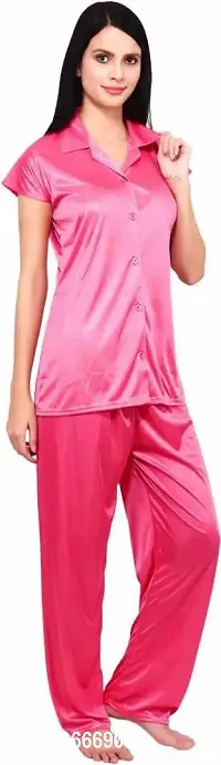 Cotovia Women's Plain Satin Night Suit (Shirt and Pyjama) (Color Options) (Free Size) (Free Size, Pink)-thumb5